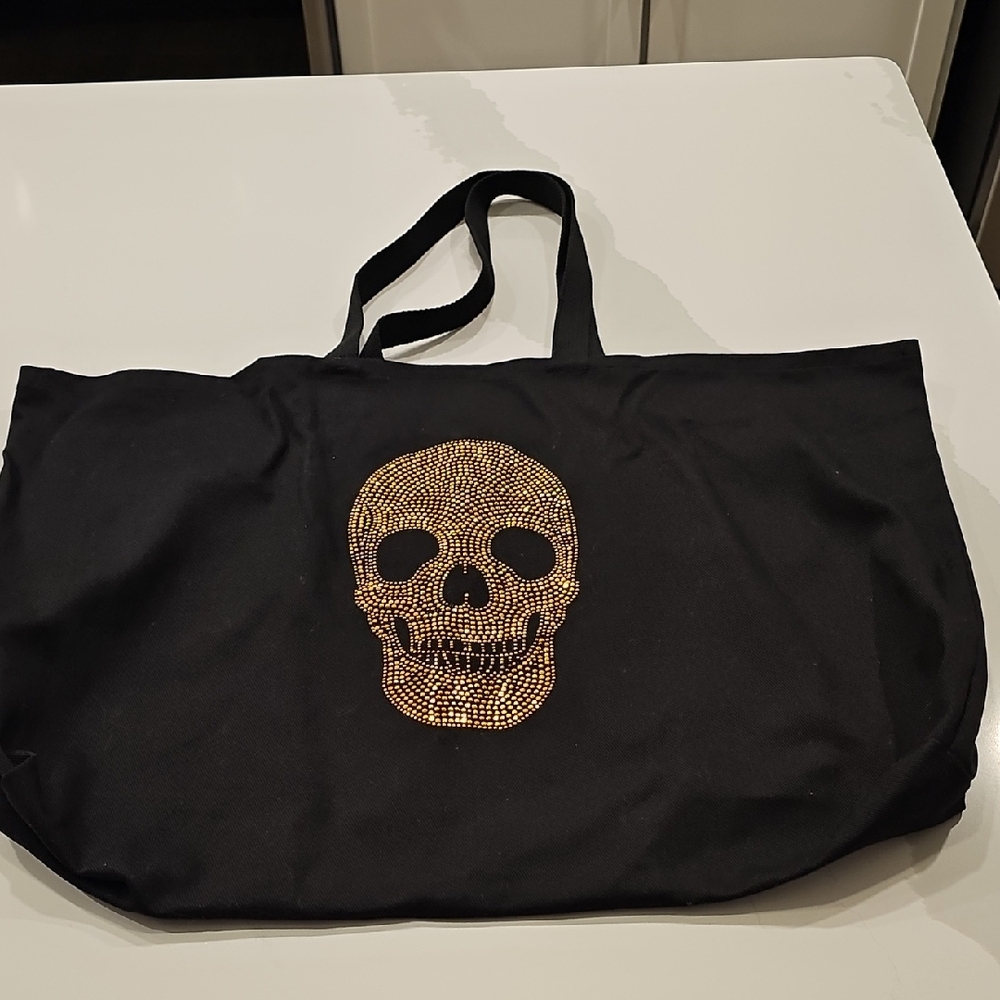 Black Tote Bag with Gold Rhinestone Skull